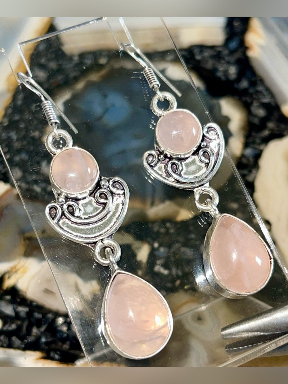 Pink Rose Quartz “Stone of Pure Love” Earrings 2 1/2”
